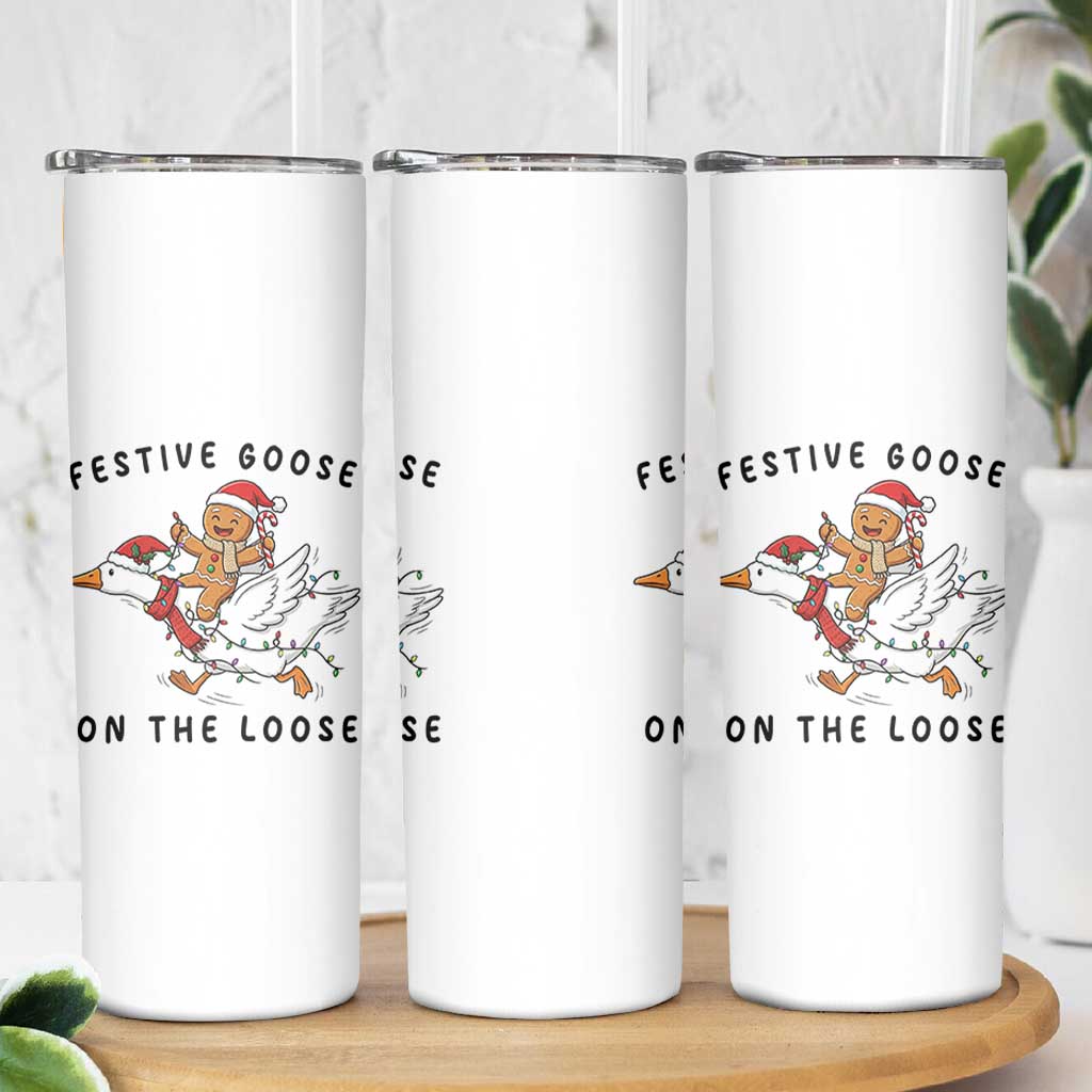Funny Goose Christmas Skinny Tumbler Festive Goose On The Loose Xmas - Wonder Print Shop