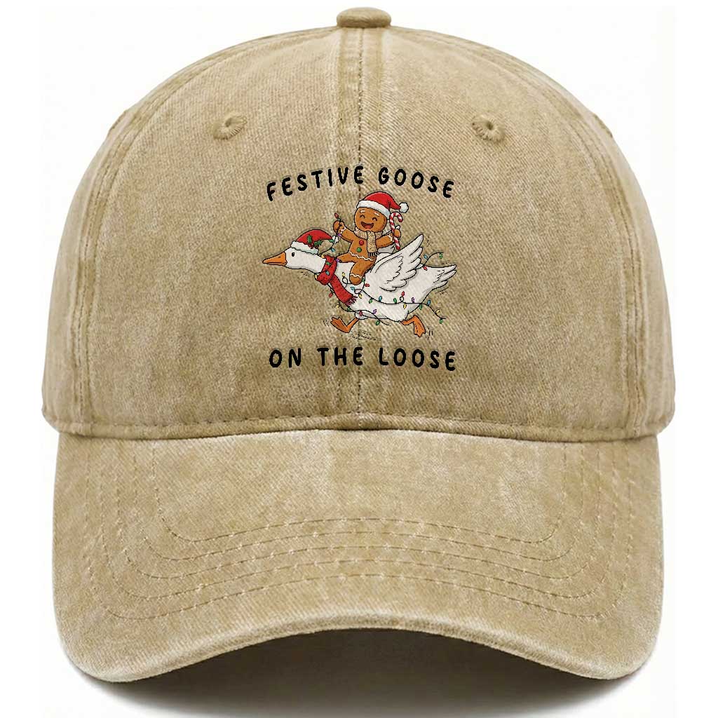 Funny Goose Christmas Washed Cotton Baseball Cap Festive Goose On The Loose Xmas