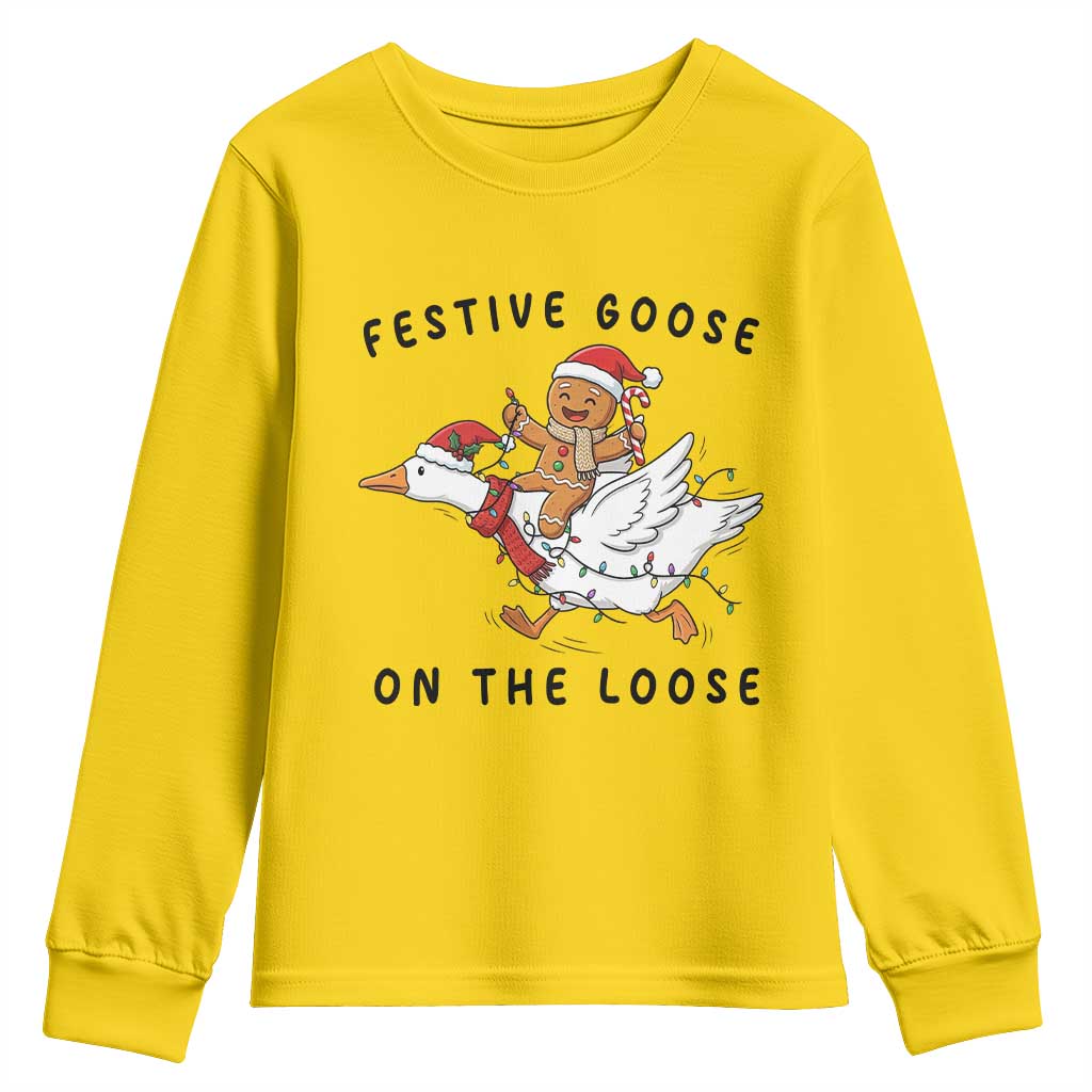 Funny Goose Christmas Youth Sweatshirt Festive Goose On The Loose Xmas - Wonder Print Shop