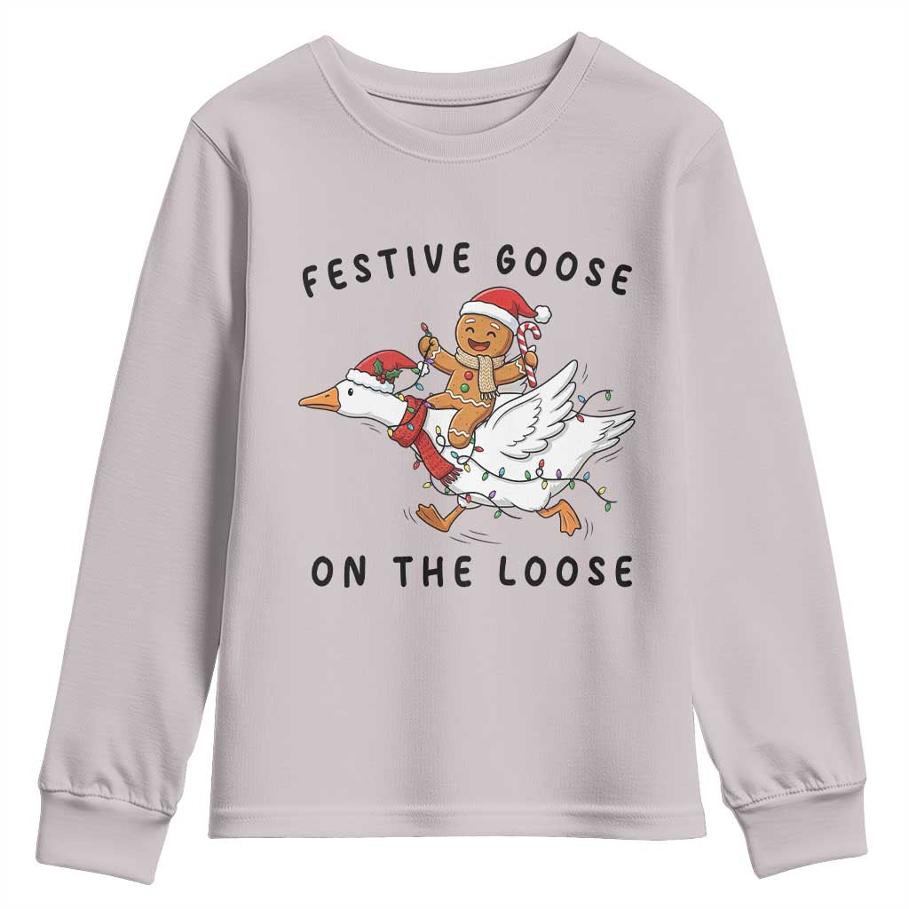 Funny Goose Christmas Youth Sweatshirt Festive Goose On The Loose Xmas - Wonder Print Shop