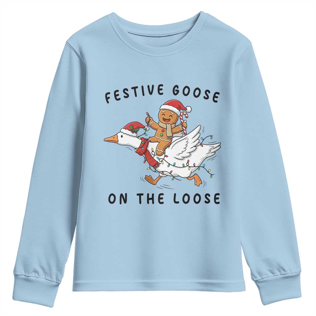 Funny Goose Christmas Youth Sweatshirt Festive Goose On The Loose Xmas - Wonder Print Shop