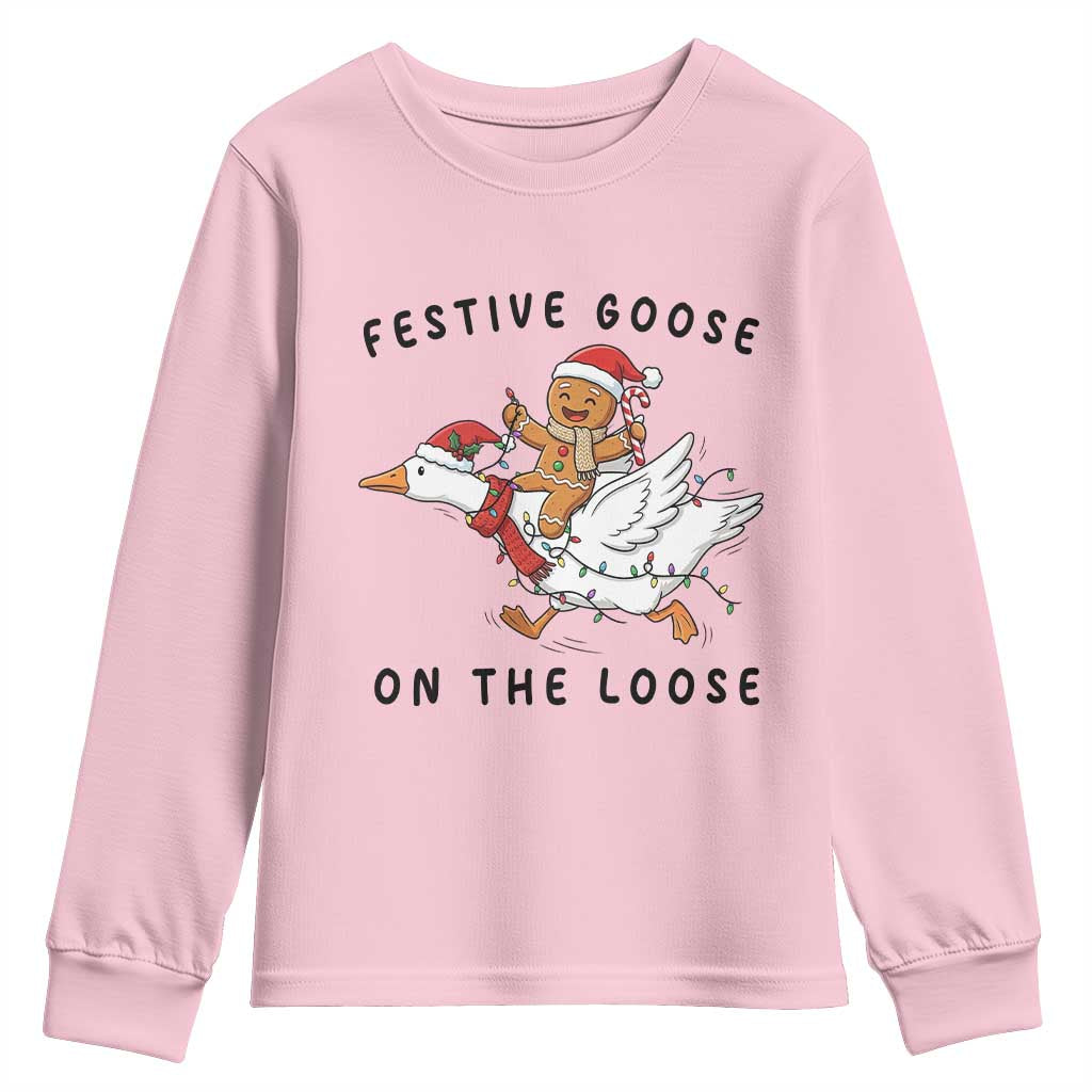 Funny Goose Christmas Youth Sweatshirt Festive Goose On The Loose Xmas - Wonder Print Shop
