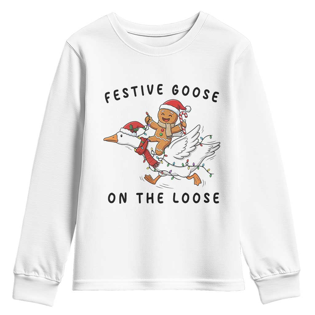 Funny Goose Christmas Youth Sweatshirt Festive Goose On The Loose Xmas - Wonder Print Shop