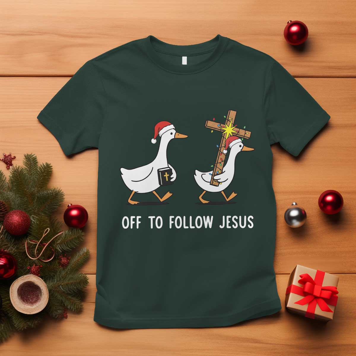 Funny Christmas Christian Goose T Shirt Off To Follow Jesus - Wonder Print Shop