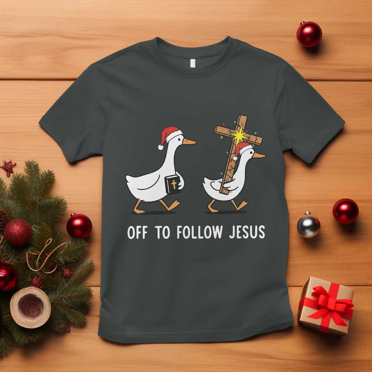 Funny Christmas Christian Goose T Shirt Off To Follow Jesus - Wonder Print Shop