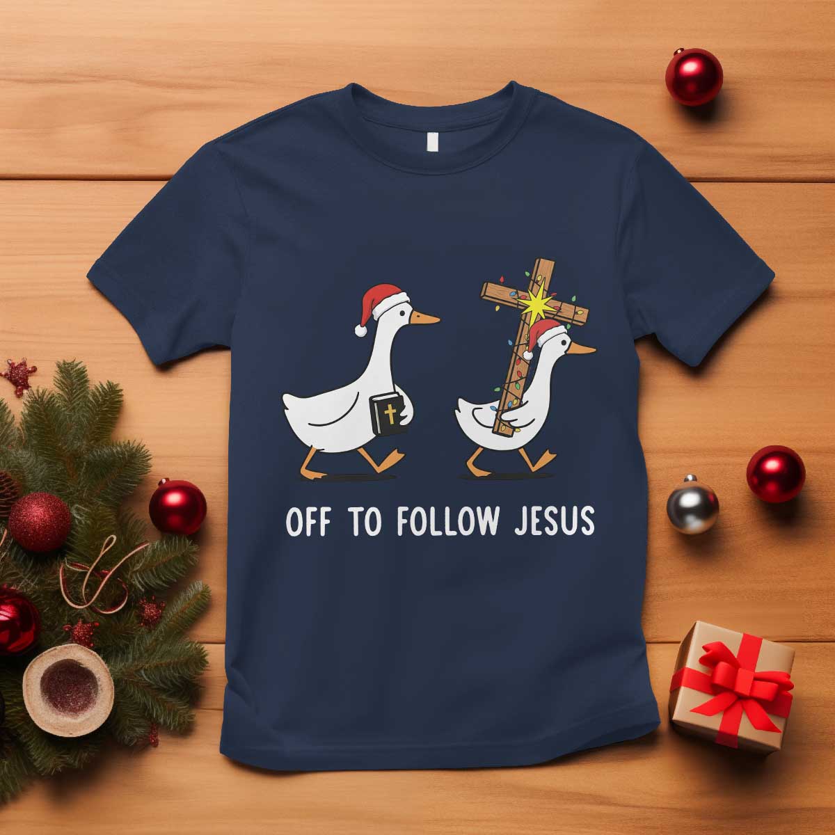 Funny Christmas Christian Goose T Shirt Off To Follow Jesus - Wonder Print Shop