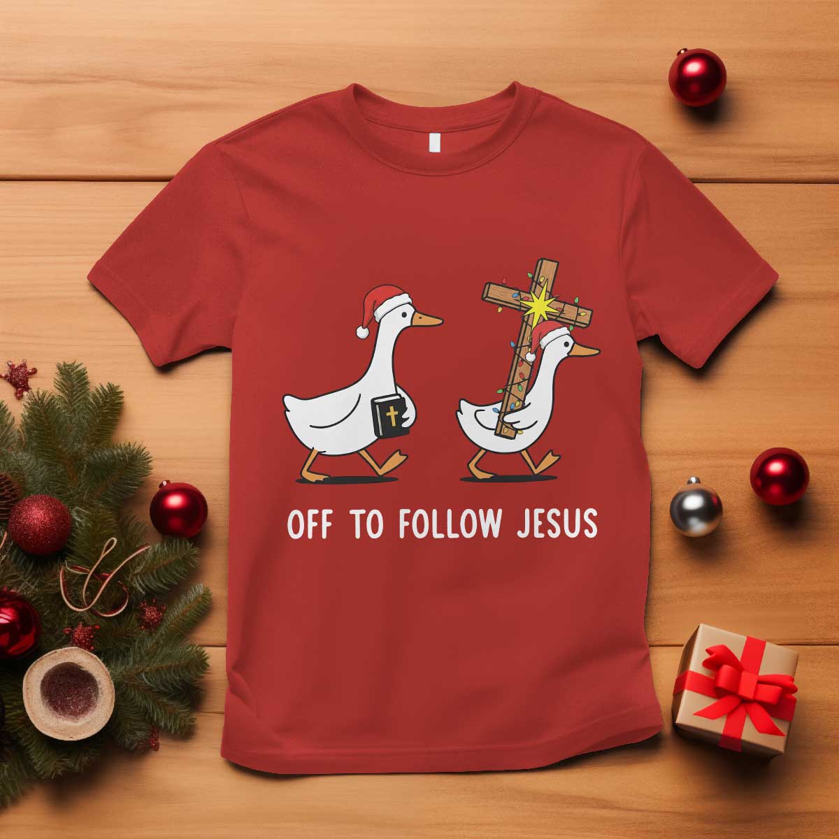 Funny Christmas Christian Goose T Shirt Off To Follow Jesus - Wonder Print Shop