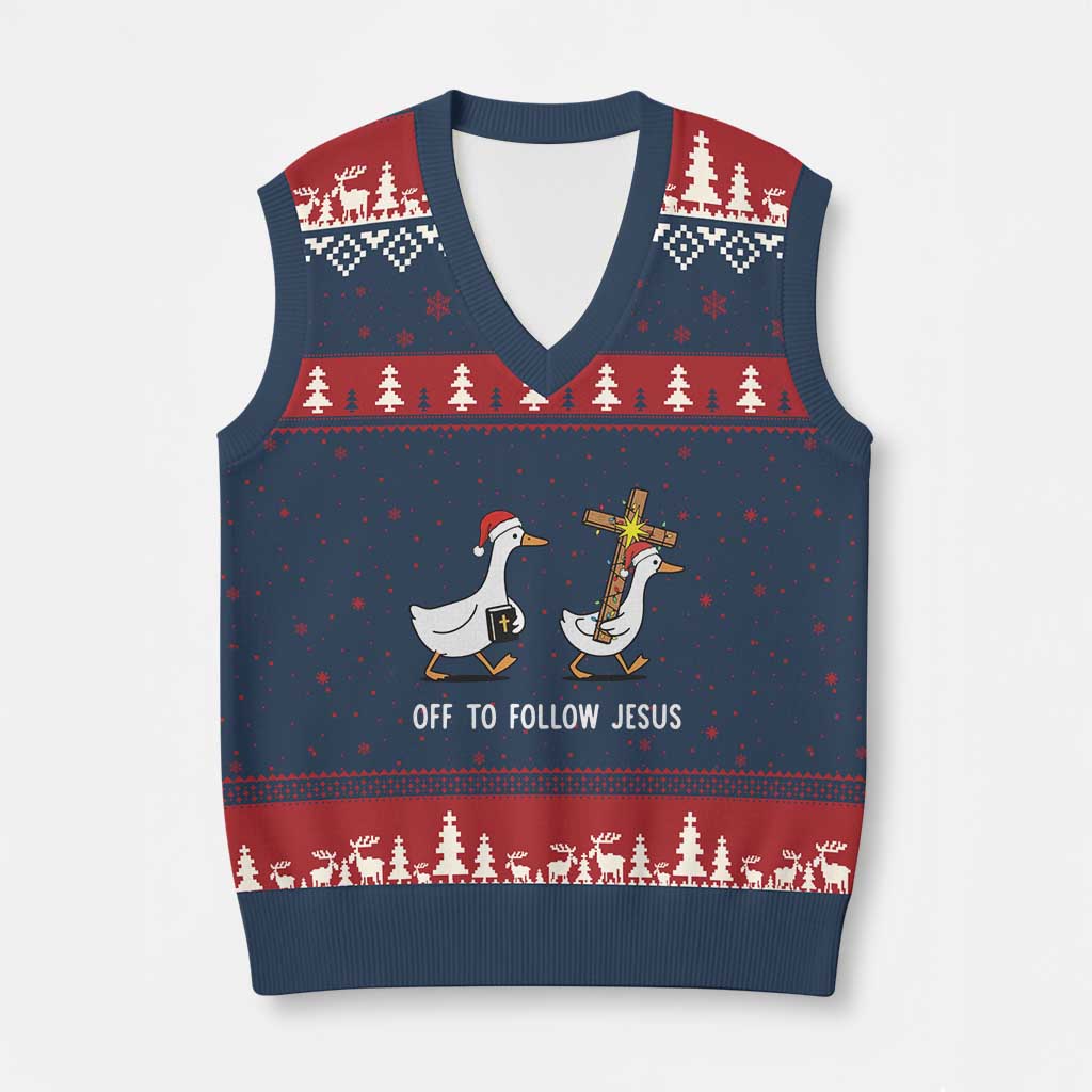 Funny Xmas Christian Goose V-Neck Knit Sweater Vest Off To Follow Jesus - Wonder Print Shop
