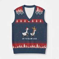 Funny Xmas Christian Goose V-Neck Knit Sweater Vest Off To Follow Jesus - Wonder Print Shop