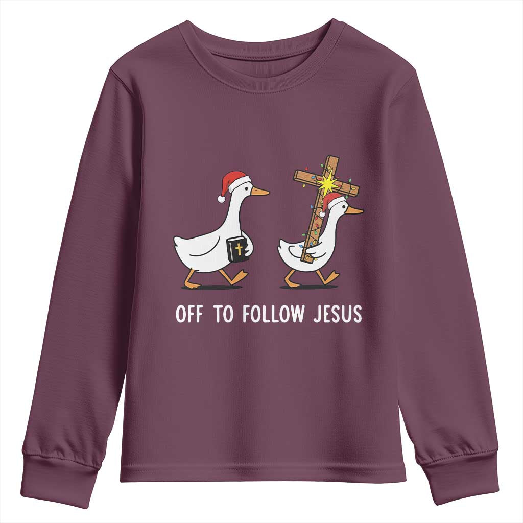 Funny Christmas Christian Goose Youth Sweatshirt Off To Follow Jesus - Wonder Print Shop