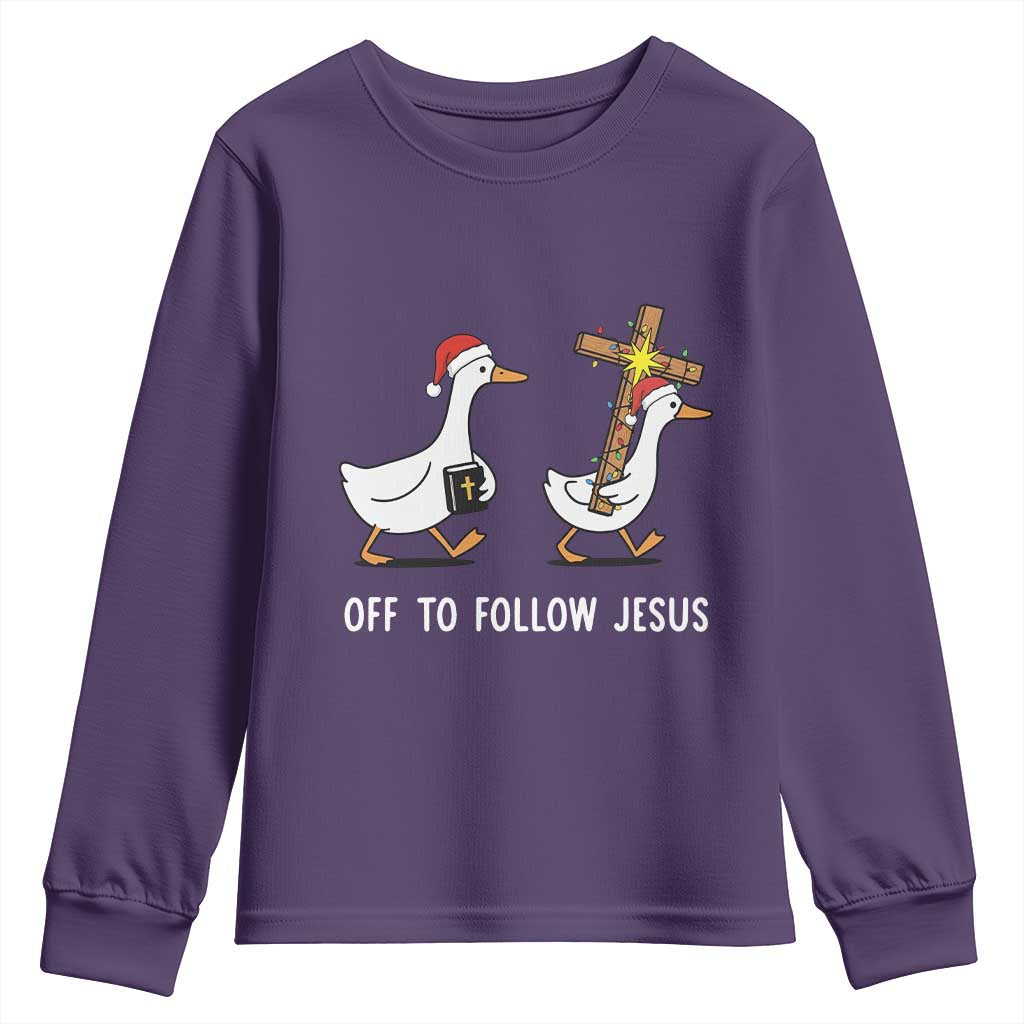 Funny Christmas Christian Goose Youth Sweatshirt Off To Follow Jesus - Wonder Print Shop