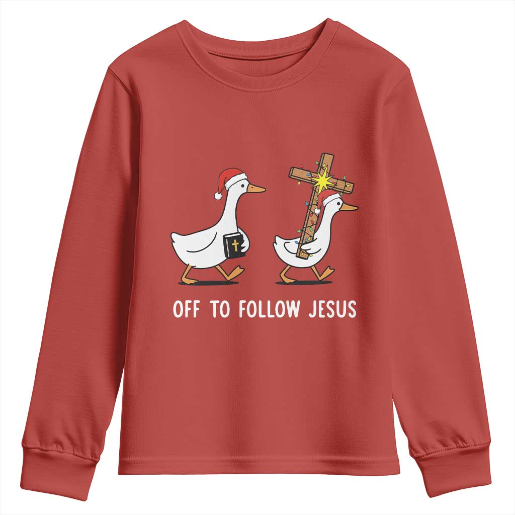 Funny Christmas Christian Goose Youth Sweatshirt Off To Follow Jesus - Wonder Print Shop
