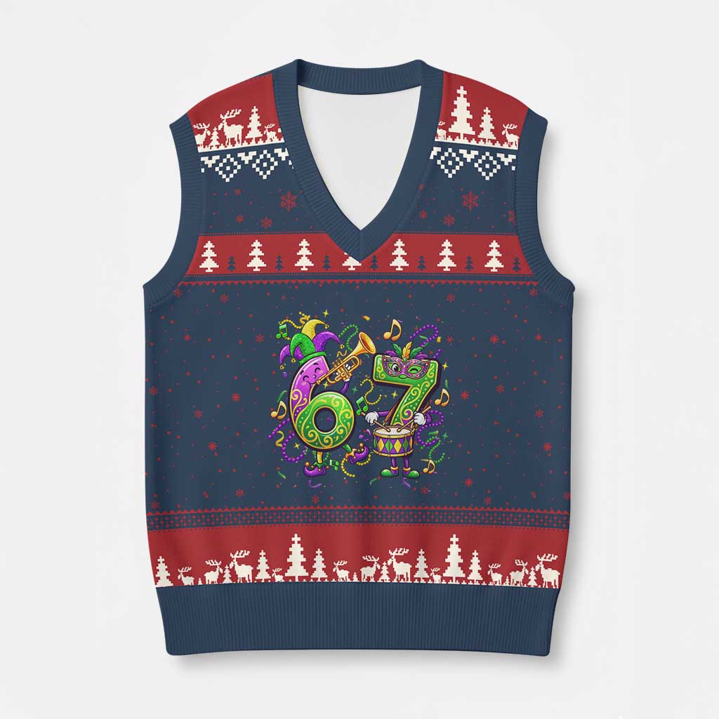 67 Mardi Gras Meme V-Neck Knit Sweater Vest Funny Six Seven Carnival Party