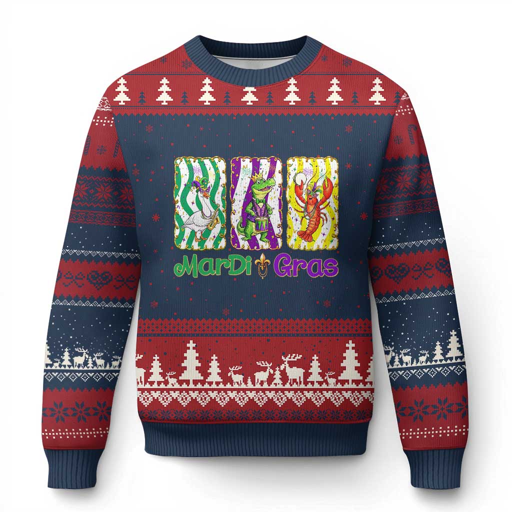 Funny Mardi Gras Animal Ugly Christmas Sweater Alligator Crawfish Goose New Orleans Louisiana