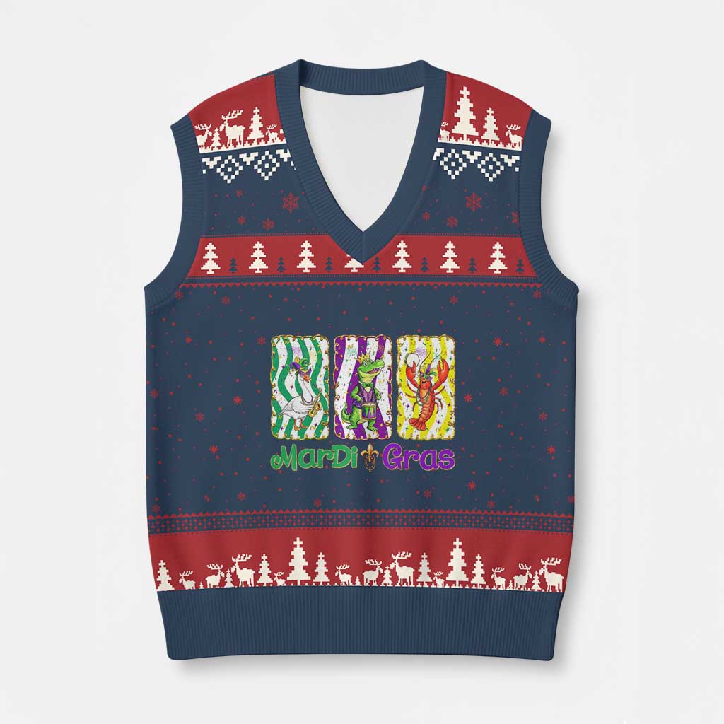 Funny Mardi Gras Animal V-Neck Knit Sweater Vest Alligator Crawfish Goose New Orleans Louisiana