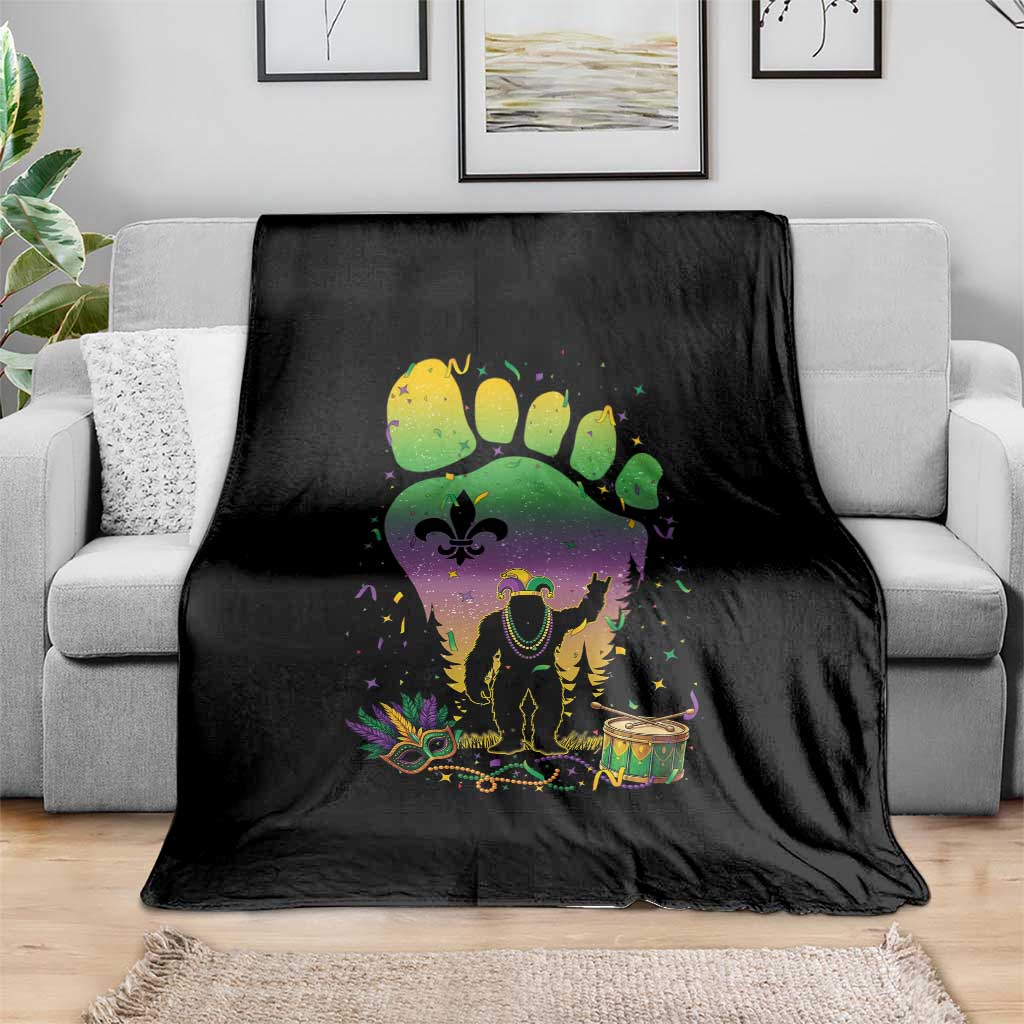 Mardi Gras Bigfoot Throw Blanket Sasquatch Forest Footprint Carnival Party