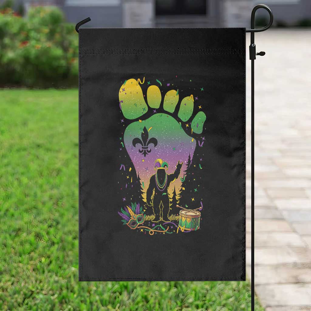 Mardi Gras Bigfoot Garden Flag Sasquatch Forest Footprint Carnival Party