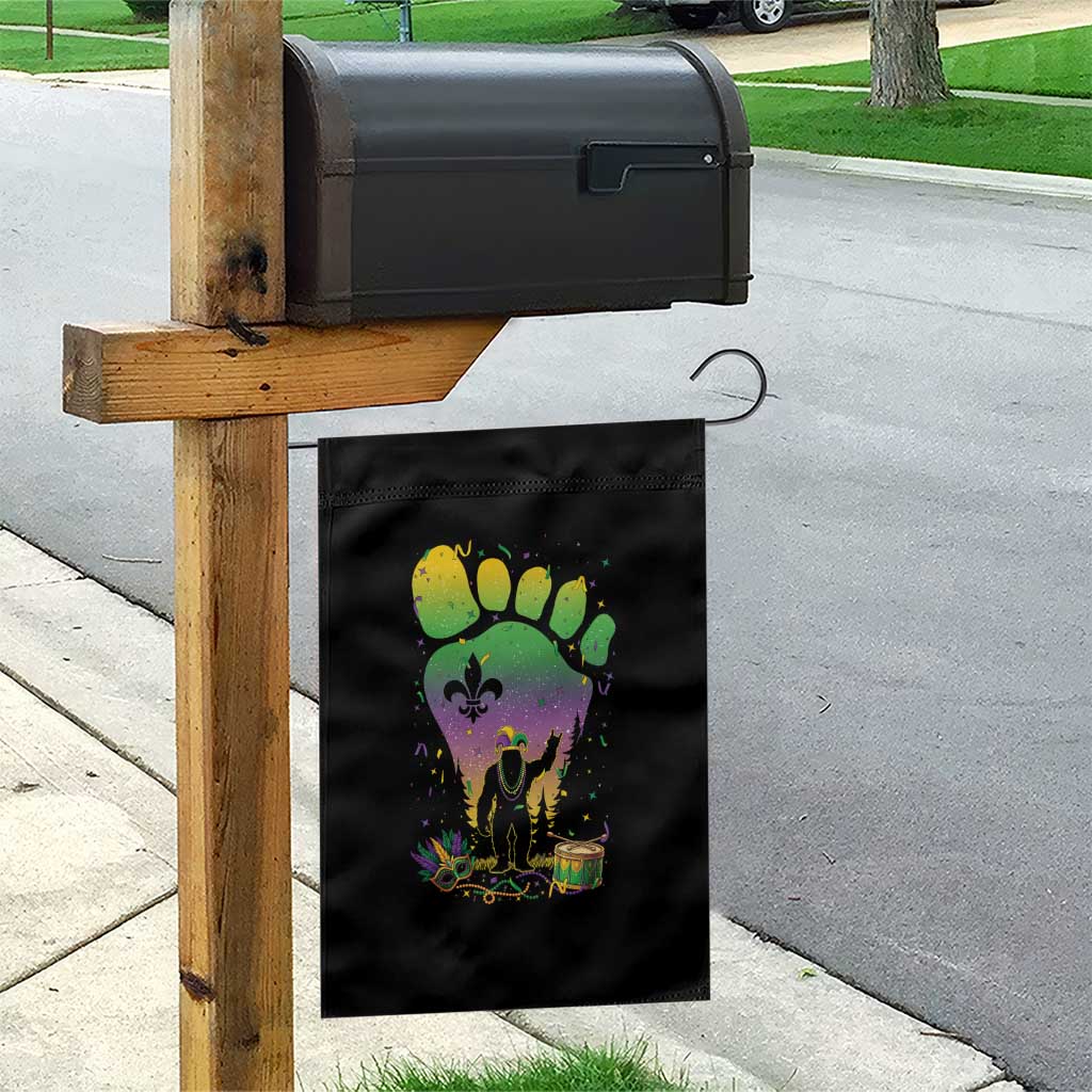 Mardi Gras Bigfoot Garden Flag Sasquatch Forest Footprint Carnival Party