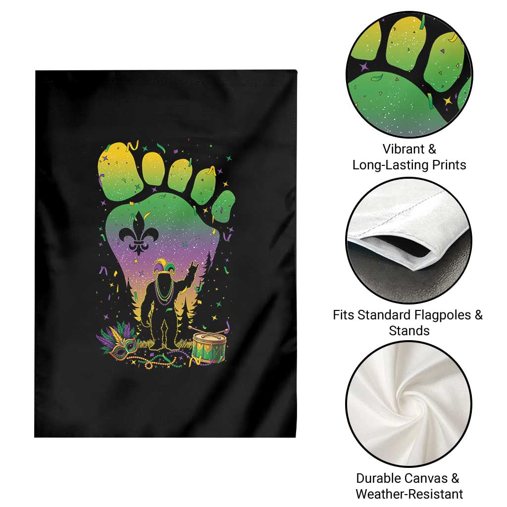Mardi Gras Bigfoot Garden Flag Sasquatch Forest Footprint Carnival Party