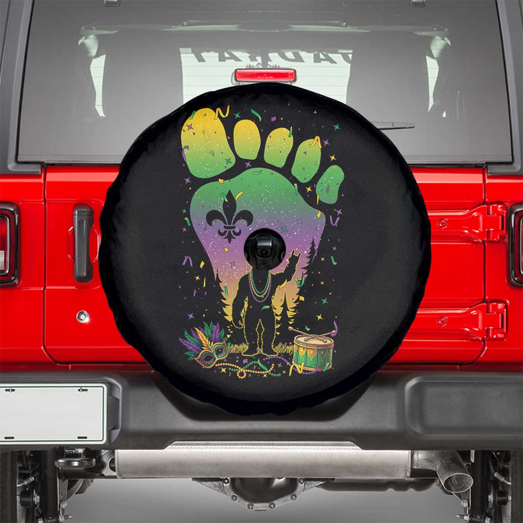Mardi Gras Bigfoot Spare Tire Cover Sasquatch Forest Footprint Carnival Party