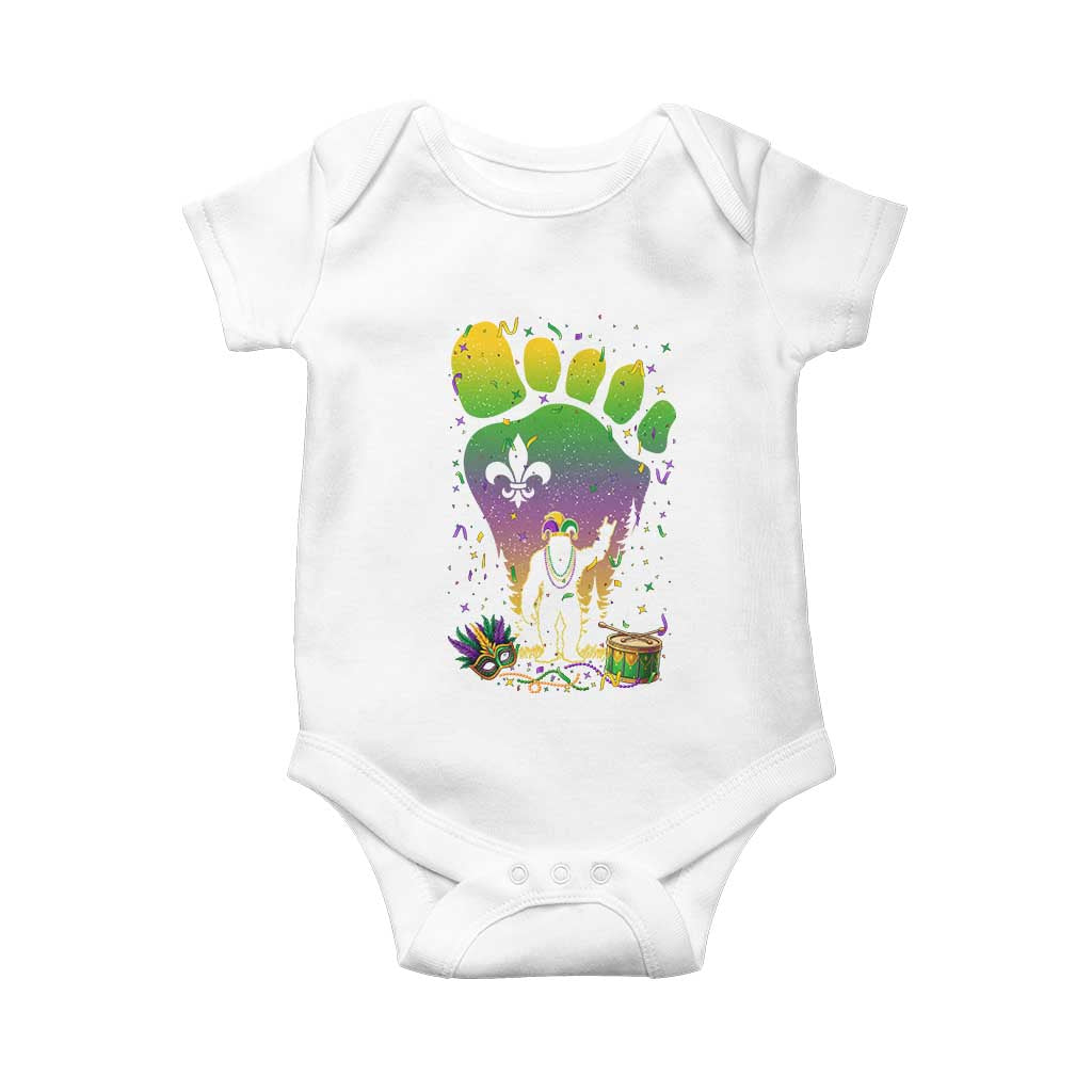 Mardi Gras Bigfoot Baby Onesie Sasquatch Forest Footprint Carnival Party