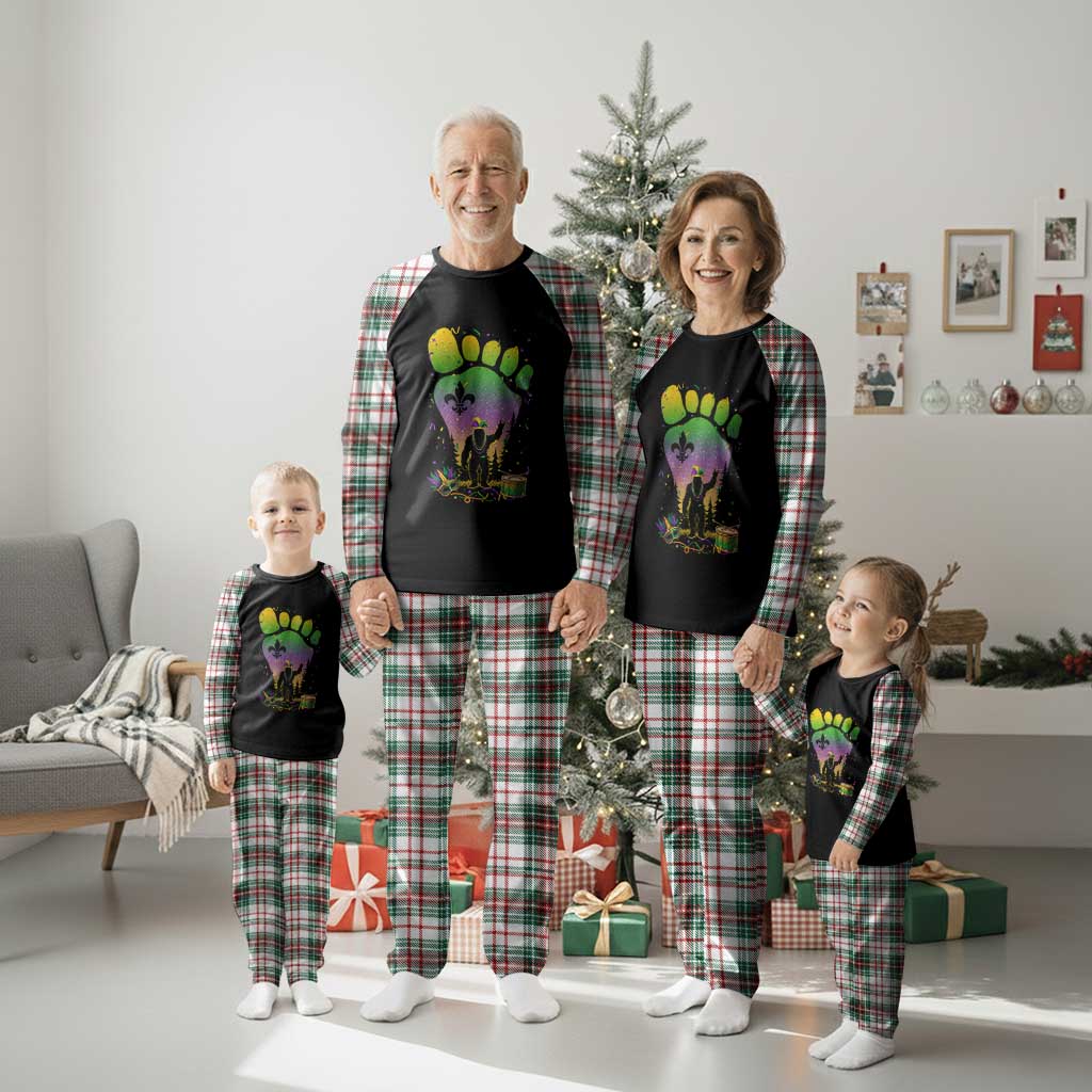 Mardi Gras Bigfoot Plaid Pajama Set Sasquatch Forest Footprint Carnival Party
