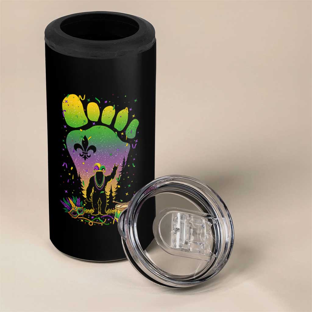 Mardi Gras Bigfoot 4 in 1 Can Cooler Tumbler Sasquatch Forest Footprint Carnival Party