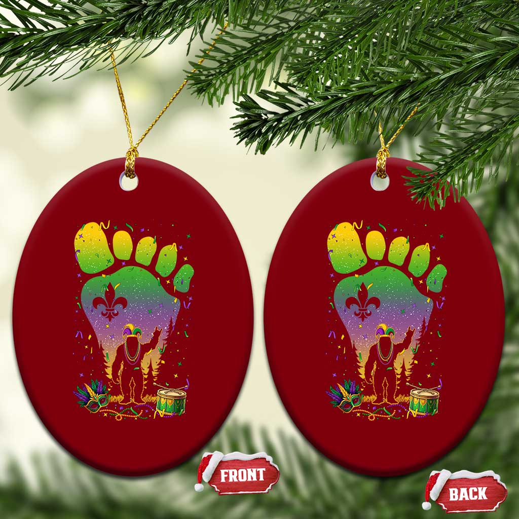 Mardi Gras Bigfoot Ceramic Ornament Sasquatch Forest Footprint Carnival Party