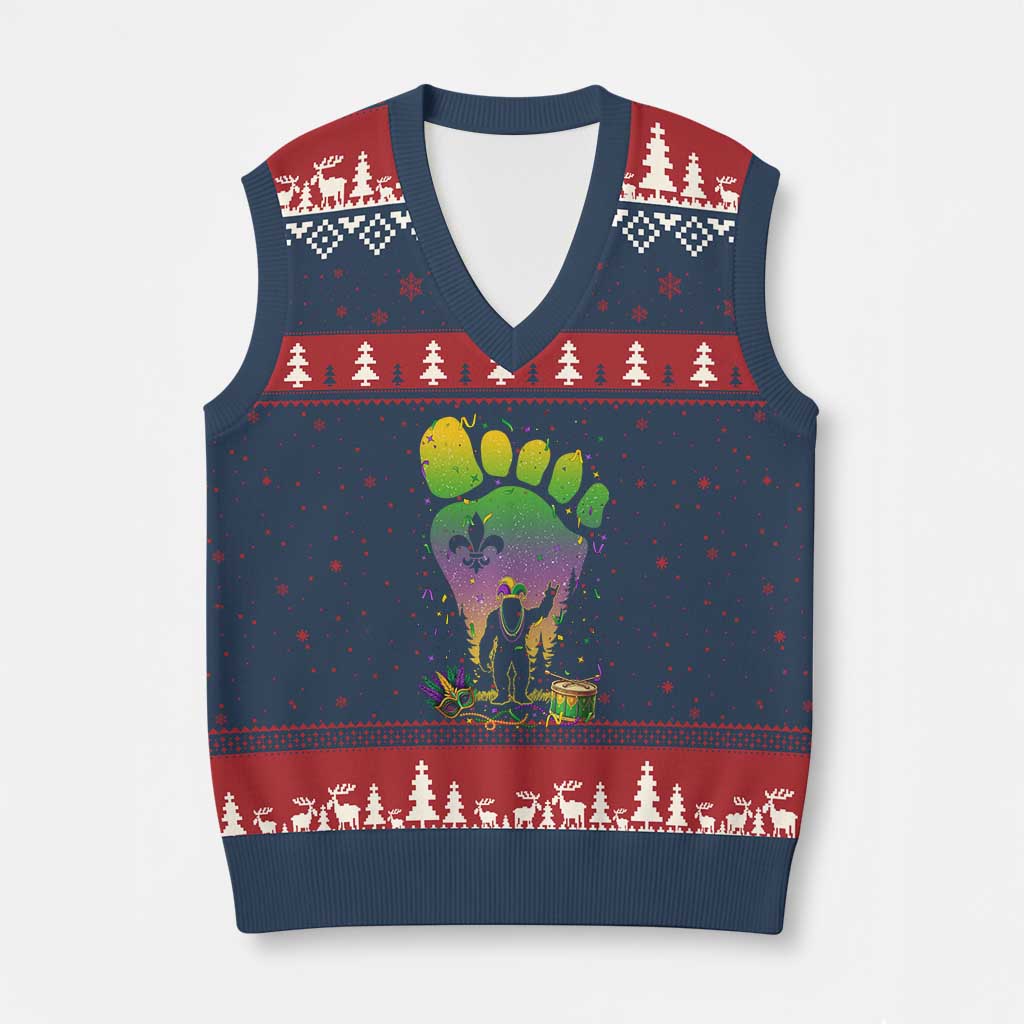 Mardi Gras Bigfoot V-Neck Knit Sweater Vest Sasquatch Forest Footprint Carnival Party