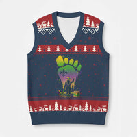 Mardi Gras Bigfoot V-Neck Knit Sweater Vest Sasquatch Forest Footprint Carnival Party