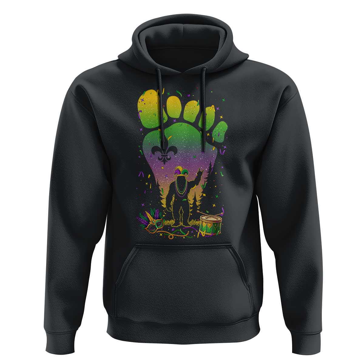 Mardi Gras Bigfoot Hoodie Sasquatch Forest Footprint Carnival Party