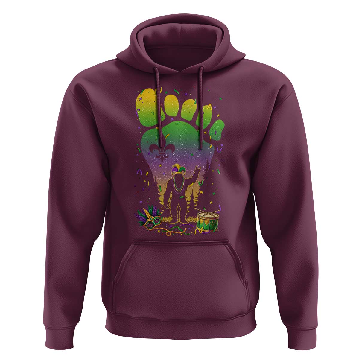 Mardi Gras Bigfoot Hoodie Sasquatch Forest Footprint Carnival Party
