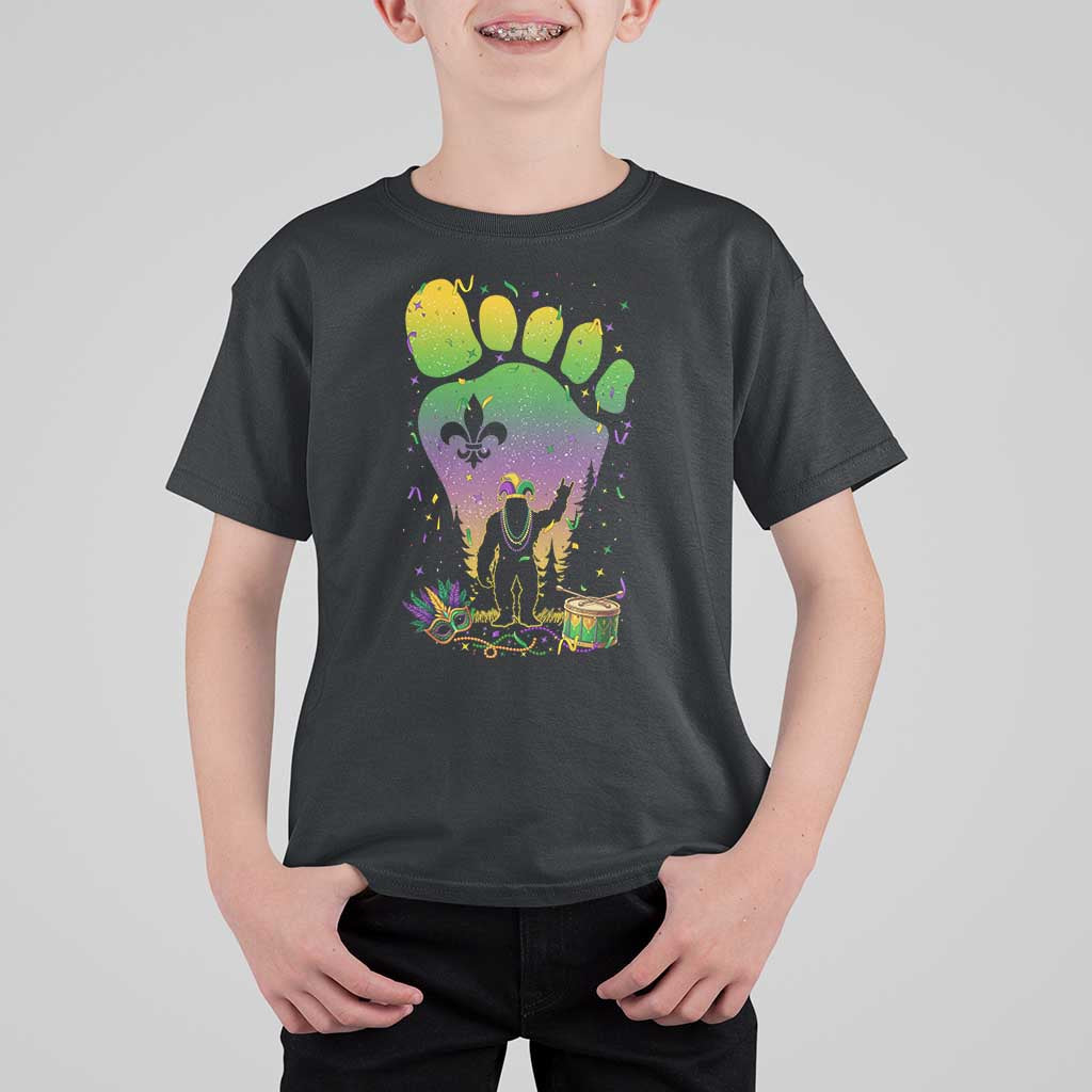 Mardi Gras Bigfoot T Shirt For Kid Sasquatch Forest Footprint Carnival Party