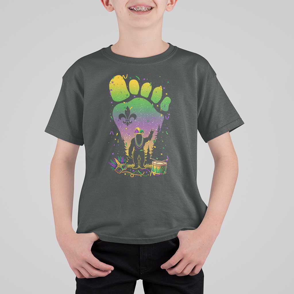 Mardi Gras Bigfoot T Shirt For Kid Sasquatch Forest Footprint Carnival Party