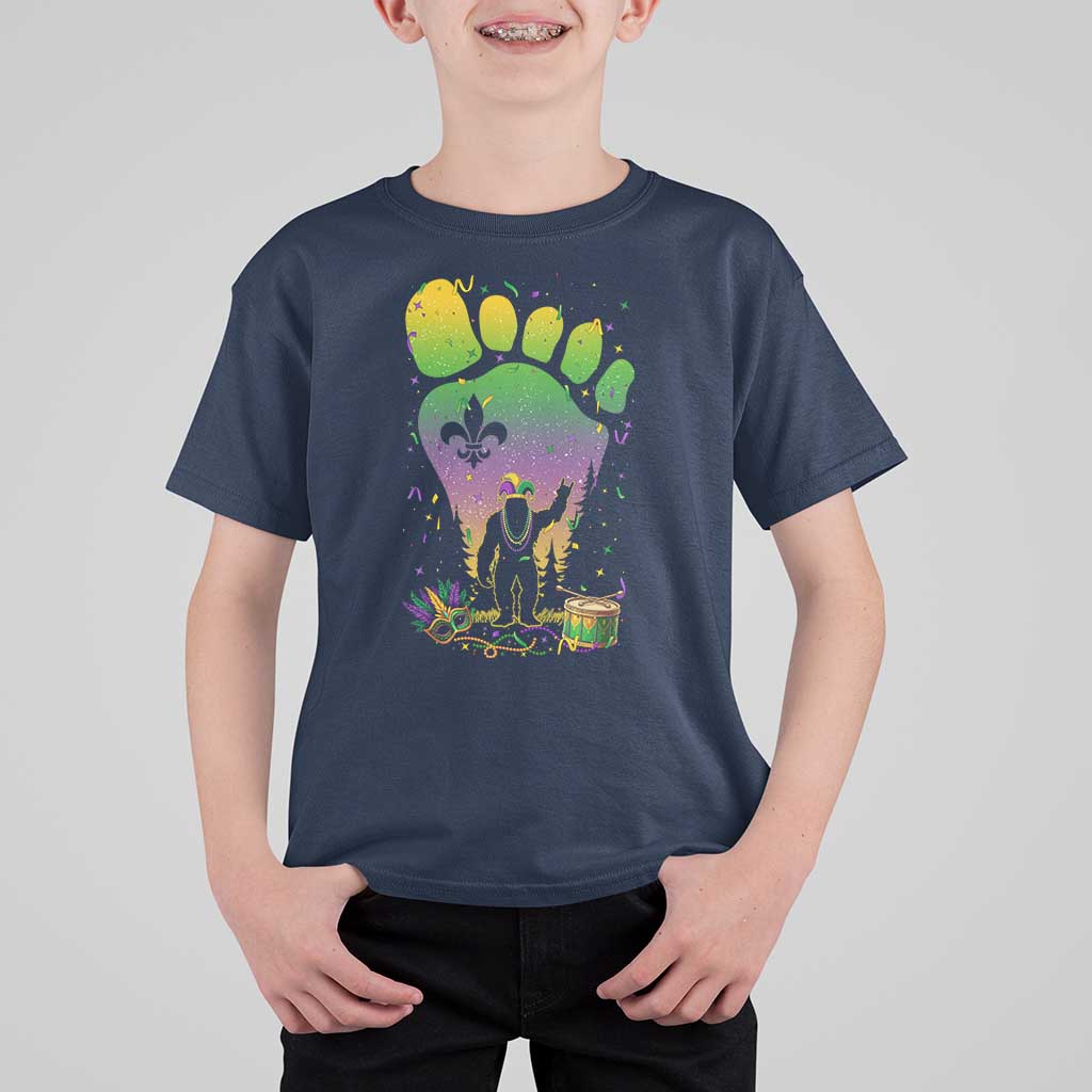 Mardi Gras Bigfoot T Shirt For Kid Sasquatch Forest Footprint Carnival Party