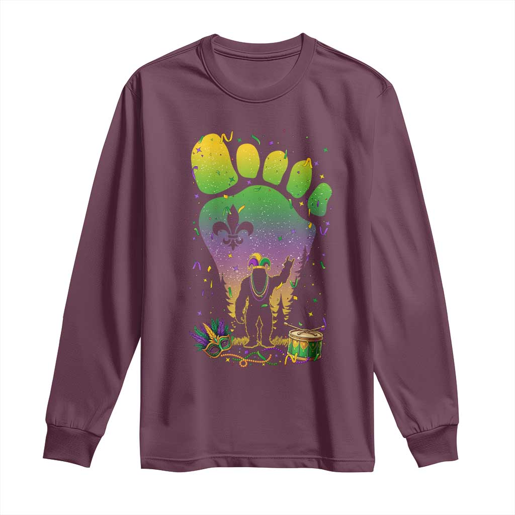 Mardi Gras Bigfoot Long Sleeve Shirt Sasquatch Forest Footprint Carnival Party