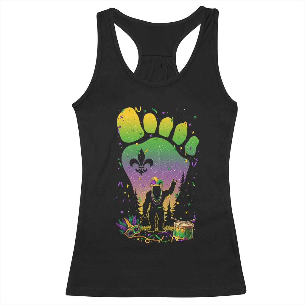 Mardi Gras Bigfoot Racerback Tank Top Sasquatch Forest Footprint Carnival Party