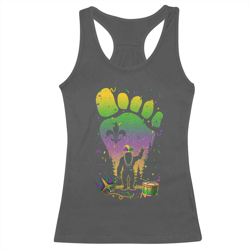Mardi Gras Bigfoot Racerback Tank Top Sasquatch Forest Footprint Carnival Party