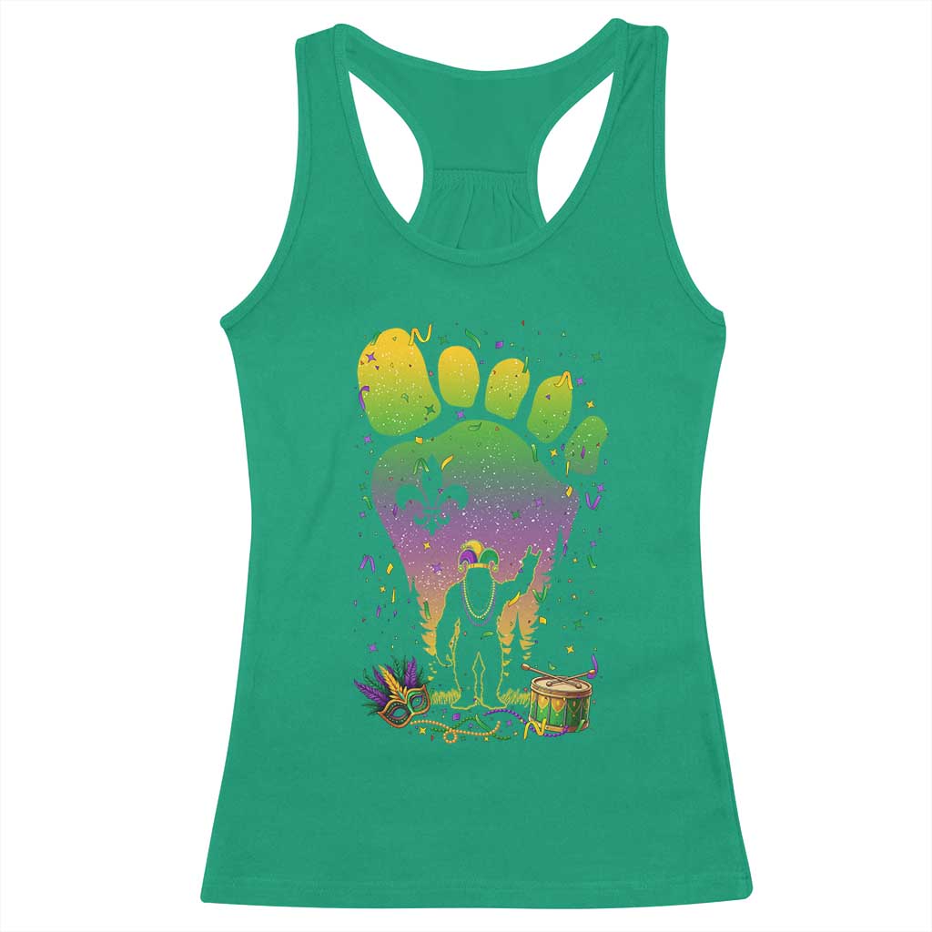 Mardi Gras Bigfoot Racerback Tank Top Sasquatch Forest Footprint Carnival Party