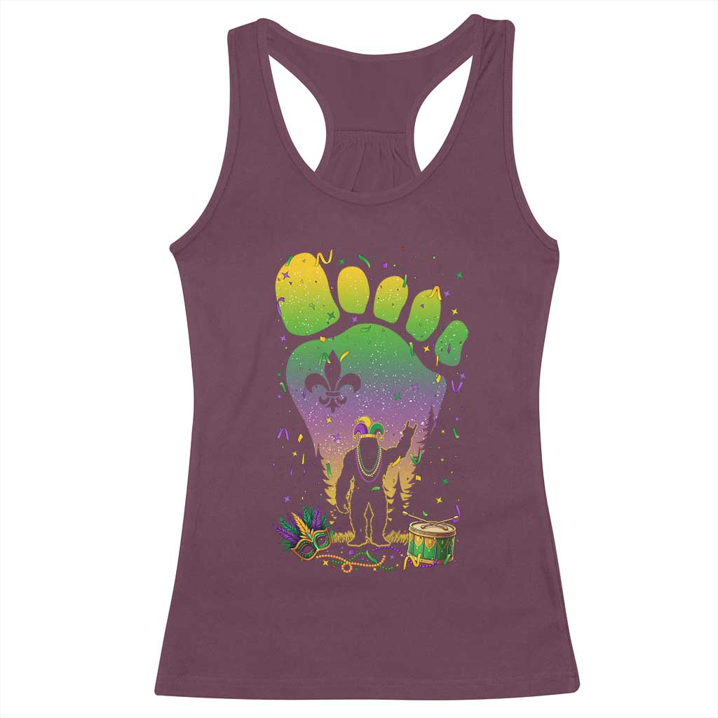 Mardi Gras Bigfoot Racerback Tank Top Sasquatch Forest Footprint Carnival Party