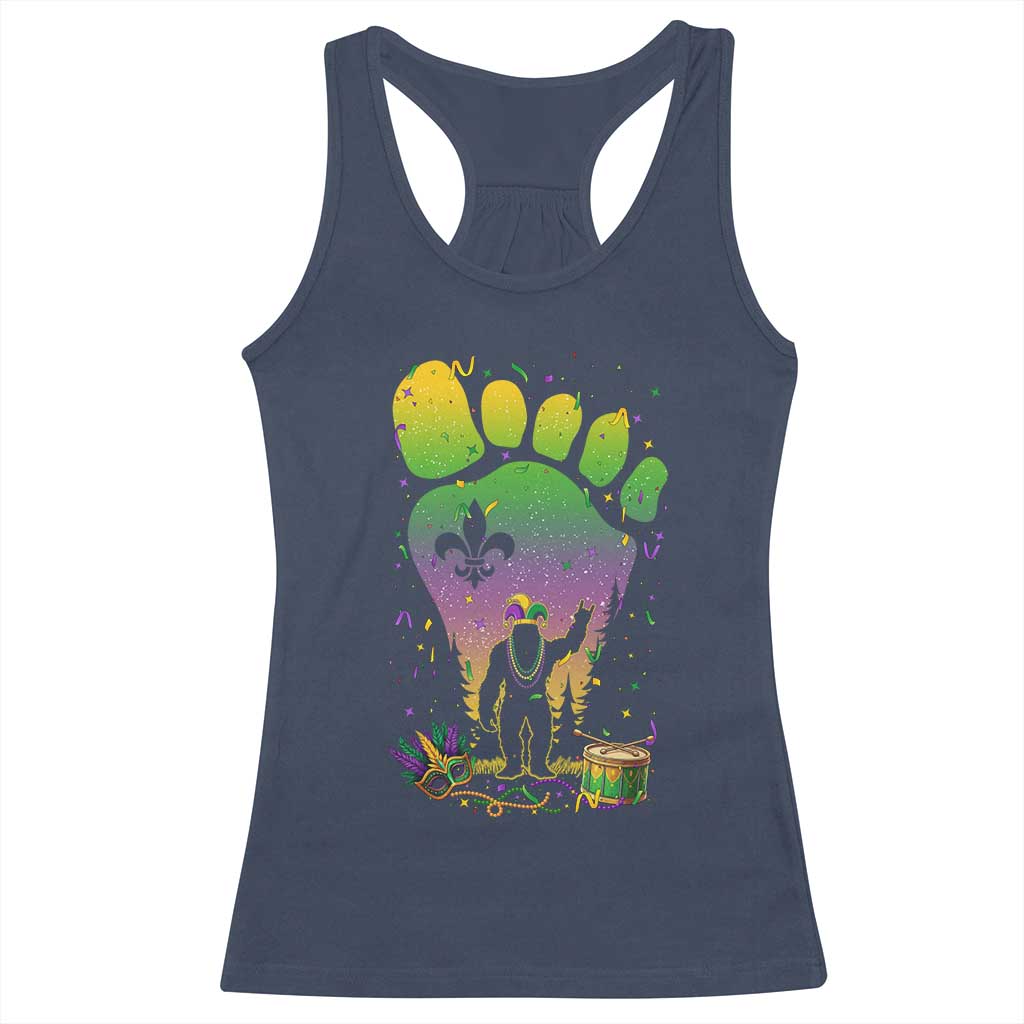Mardi Gras Bigfoot Racerback Tank Top Sasquatch Forest Footprint Carnival Party