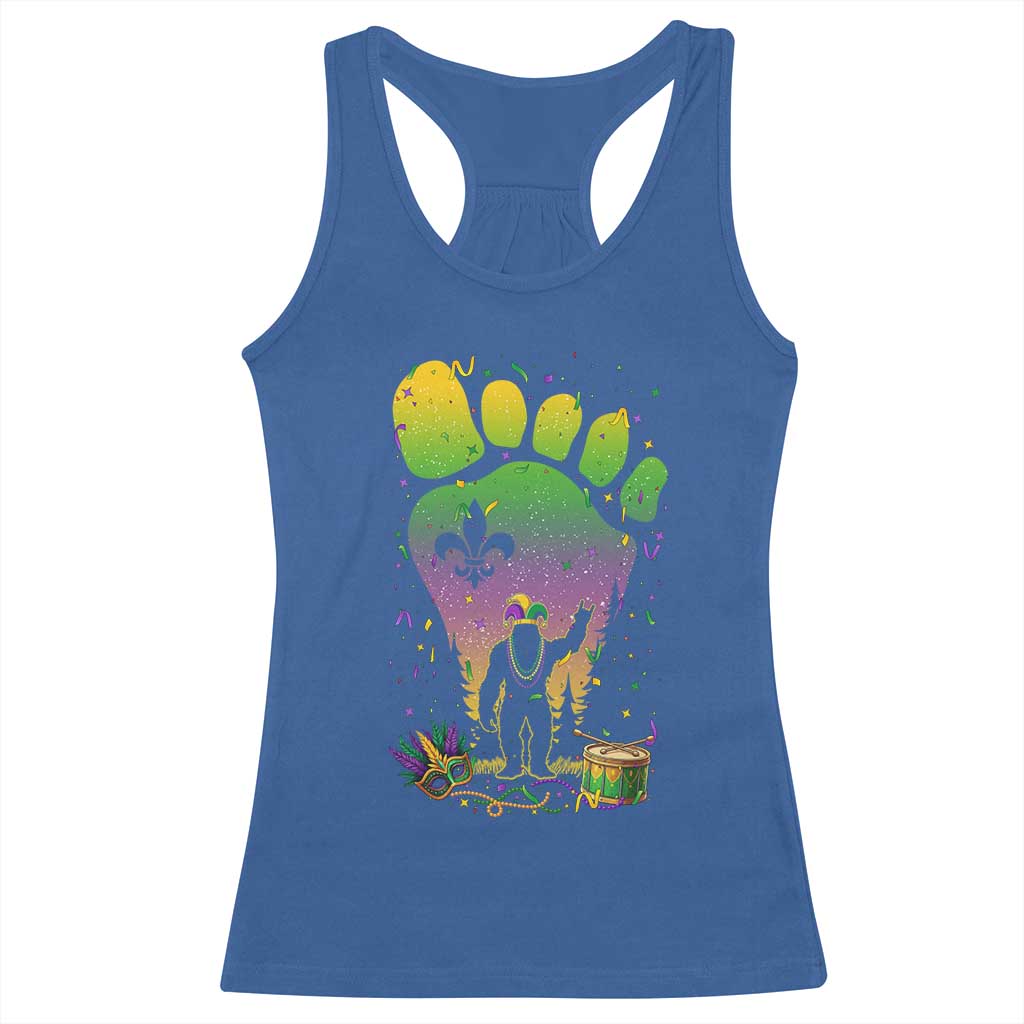 Mardi Gras Bigfoot Racerback Tank Top Sasquatch Forest Footprint Carnival Party