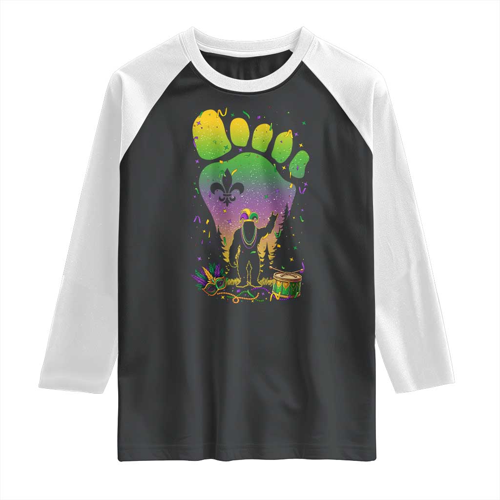 Mardi Gras Bigfoot Raglan Shirt Sasquatch Forest Footprint Carnival Party