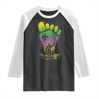 Mardi Gras Bigfoot Raglan Shirt Sasquatch Forest Footprint Carnival Party