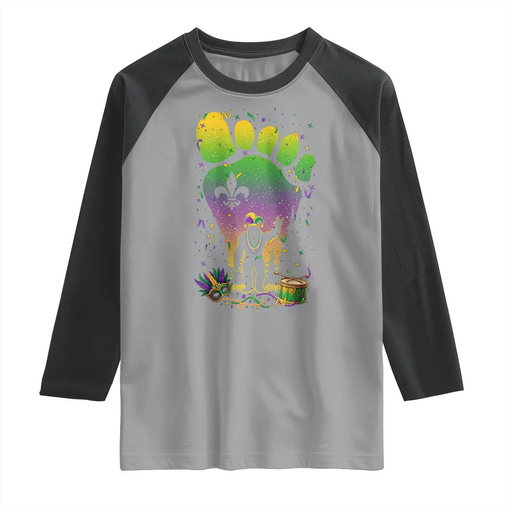 Mardi Gras Bigfoot Raglan Shirt Sasquatch Forest Footprint Carnival Party