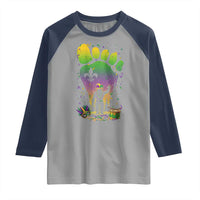 Mardi Gras Bigfoot Raglan Shirt Sasquatch Forest Footprint Carnival Party