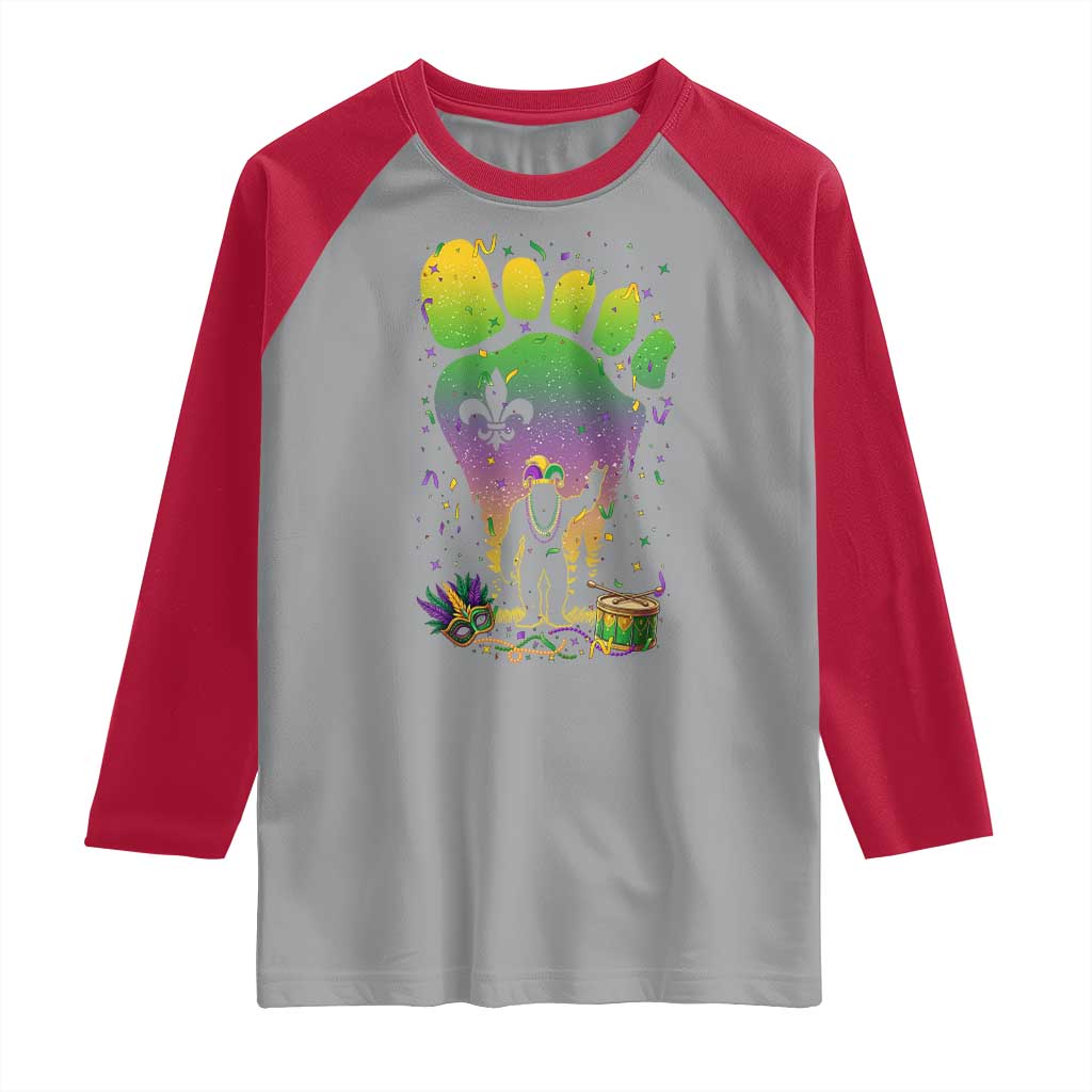 Mardi Gras Bigfoot Raglan Shirt Sasquatch Forest Footprint Carnival Party