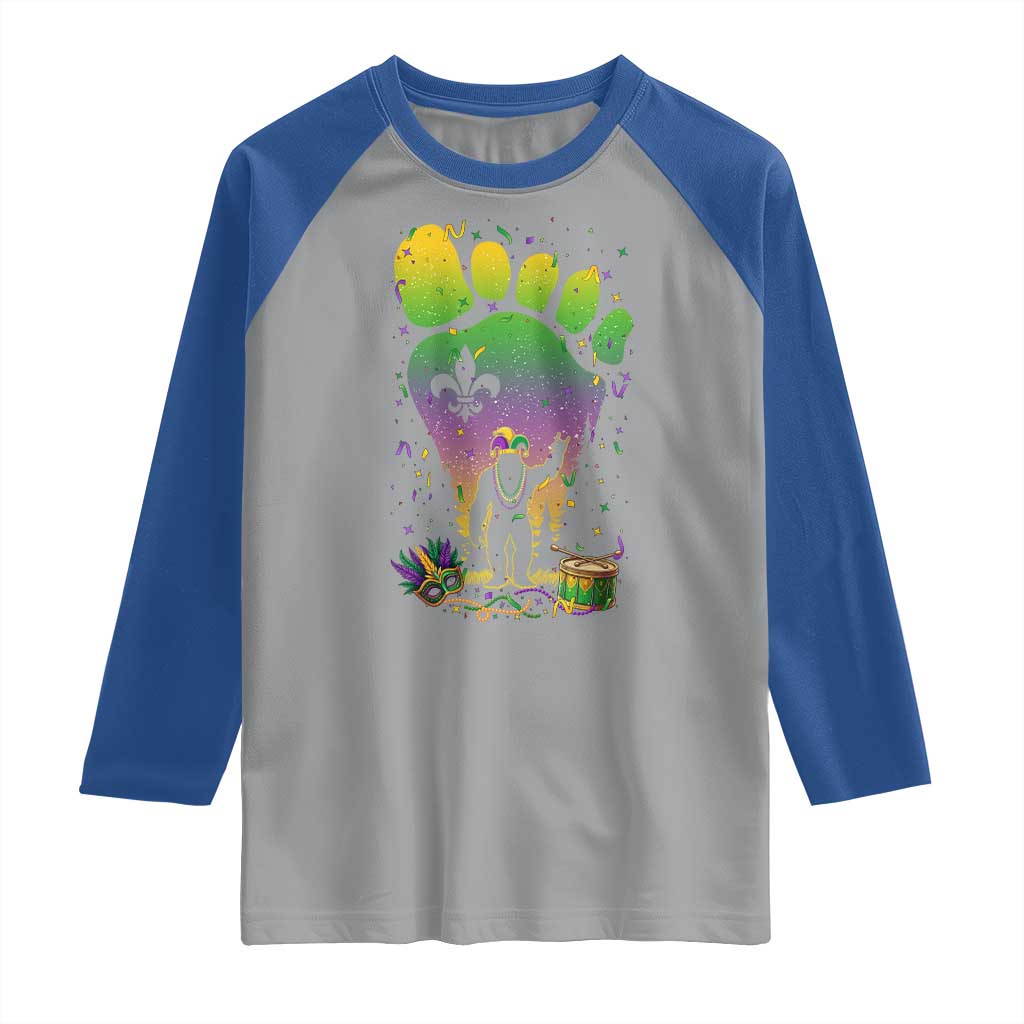 Mardi Gras Bigfoot Raglan Shirt Sasquatch Forest Footprint Carnival Party