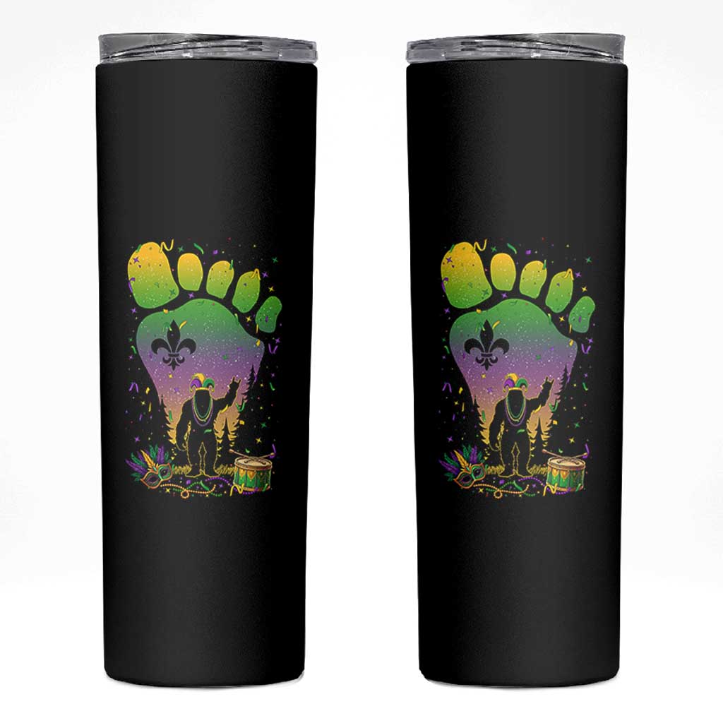 Mardi Gras Bigfoot Skinny Tumbler Sasquatch Forest Footprint Carnival Party