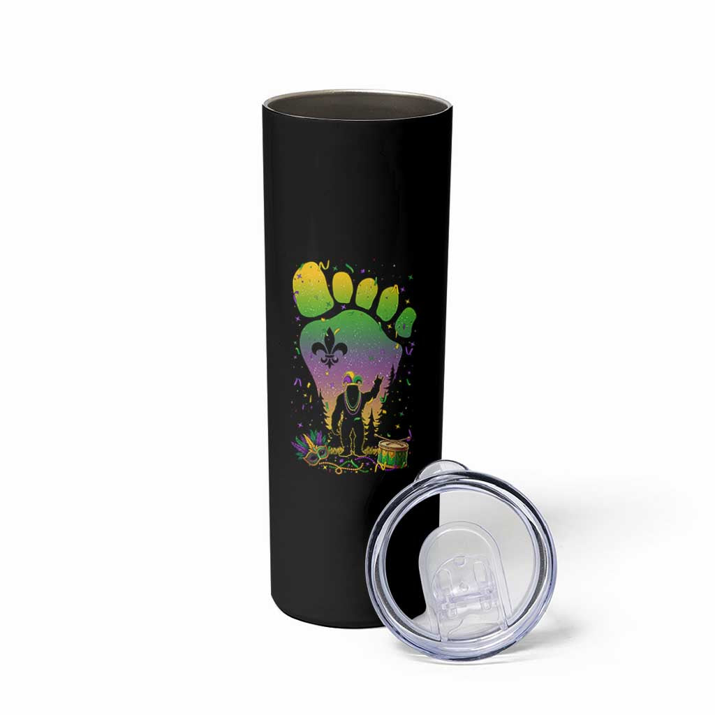 Mardi Gras Bigfoot Skinny Tumbler Sasquatch Forest Footprint Carnival Party
